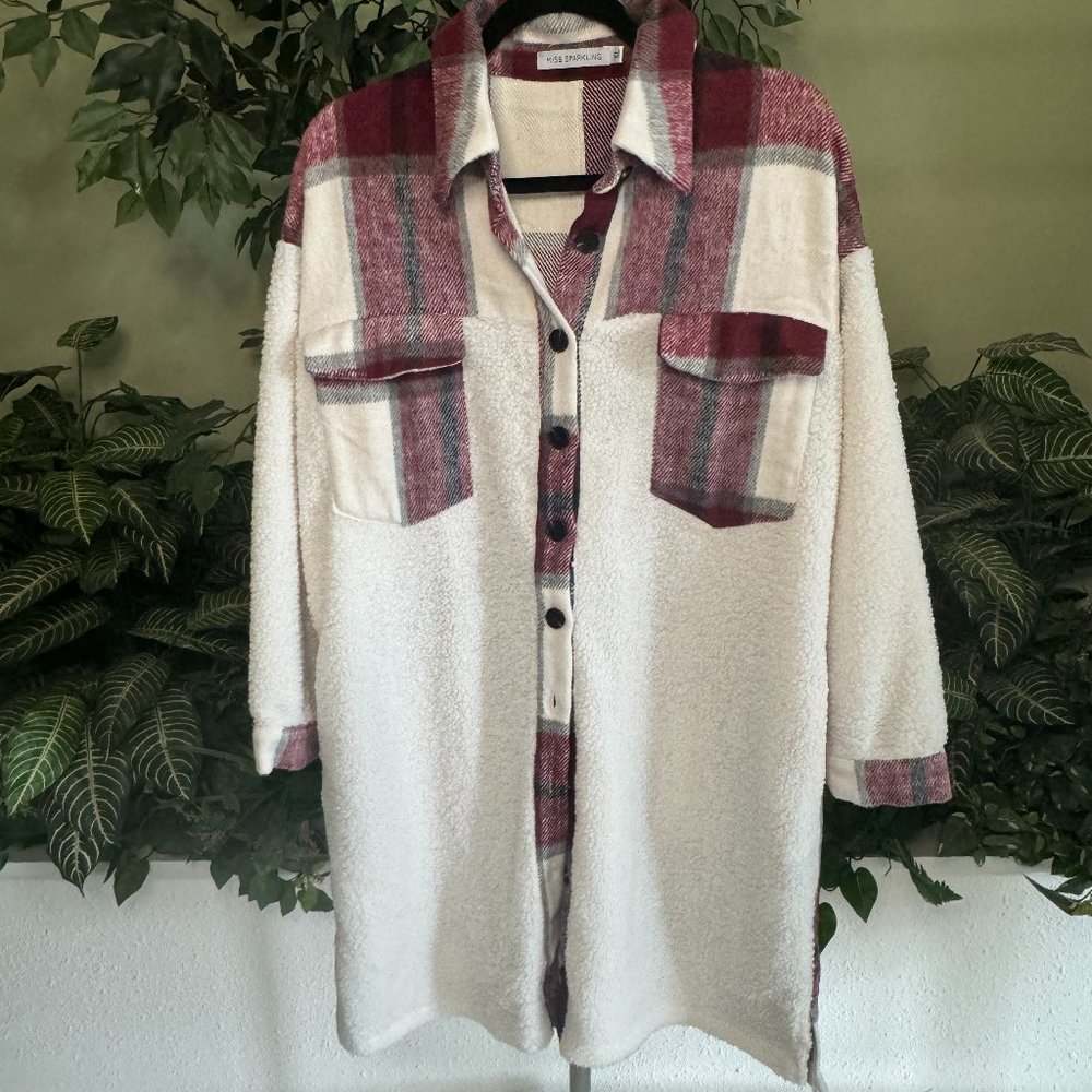 Wine Long Line Plaid and Teddy Jacket